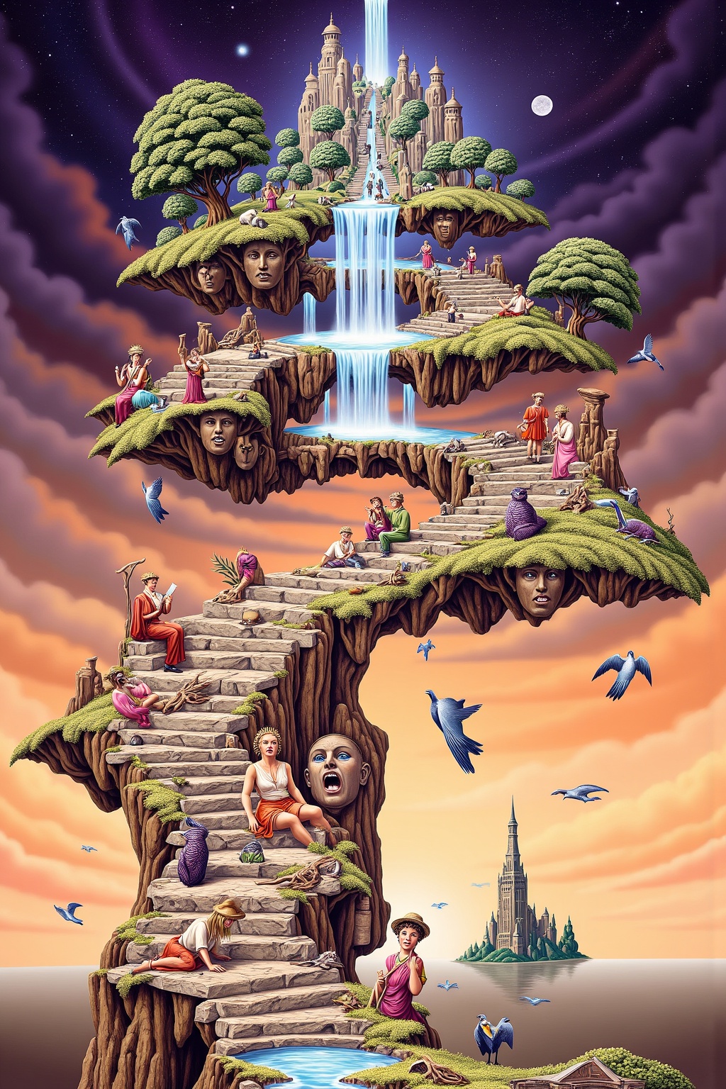 Surreal art. A staircase that spirals into the sky,  but as you ascend,  the steps are made of faces—some smiling on Tenso...