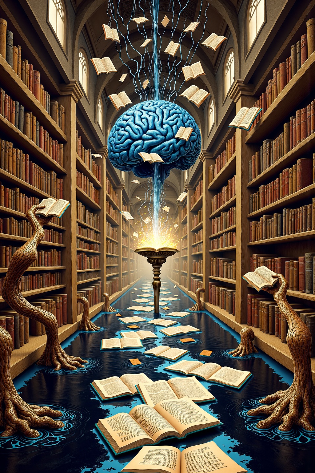 Surreal art. A gigantic,  ancient library where the books float in mid-air,  endlessly flipping pages but never falling. T...
