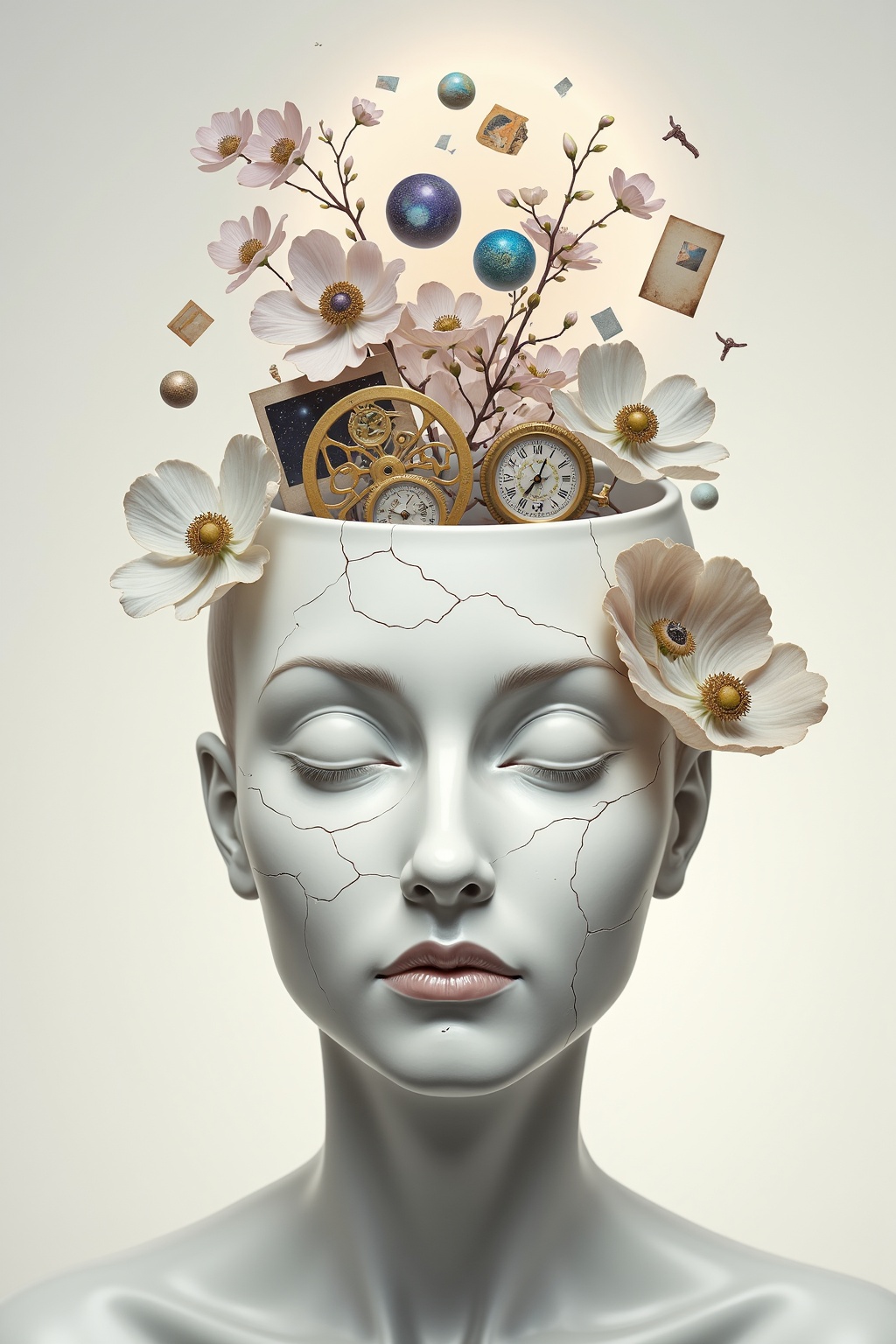 Surreal art. A detailed porcelain female head,  delicate and finely crafted,  with an ethereal glow. The top of her head i...