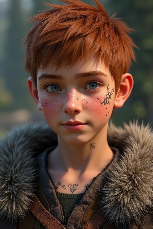 The image shows a young male character with short reddish-brown hair,  light skin,  and blue eyes. His face is marked with...