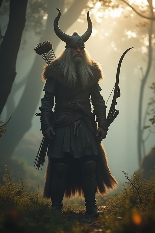A misty morning in a mystical forest,  the Runic Archer Atreus stands tall,  bowstring taut on Tensor.Art