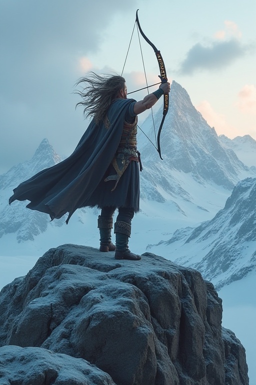 A lone figure,  Atreus,  stands atop a rugged mountain peak on Tensor.Art