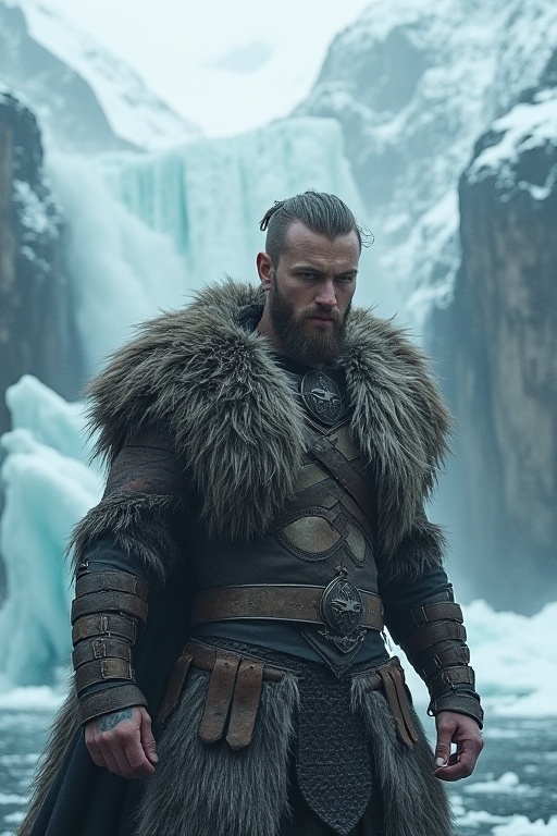 A Nordic warrior-prince in an epic clash,  clad in fur-lined battle-armor,  etched with warlike tattoos on Tensor.Art