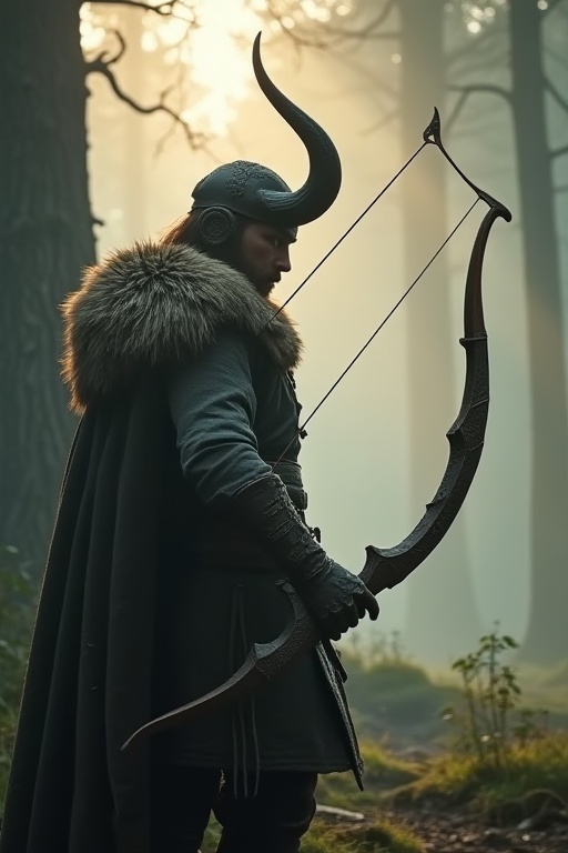 A misty morning in a mystical forest,  the Runic Archer Atreus stands tall,  bowstring taut on Tensor.Art