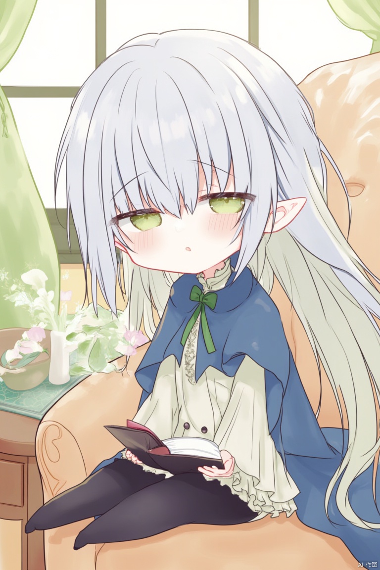 girl,elf,chibi,upper body,long hair,silver hair,green gradient hair,blunt bangs,green eyes,small breasts,green brooch,frilled shirt,long sleeves,blue capelet,black leggings,sitting,looking at viewer,half-closed eyes,holding book,window,curtains,plant,flower,book,teacup,chair,sofa,open book,paper,masterpiece,bestquality,onnk,