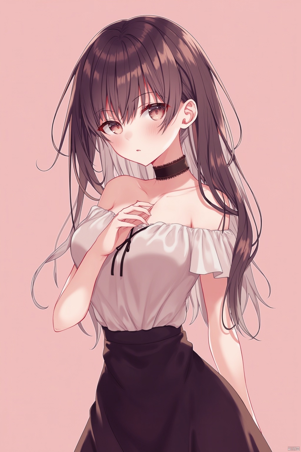best quality,HDR,UHD,8K,Vivid Colors,solo,medium-shot,(1girl:1.5),(standing:1.3),from front,(looking at viewer:1.6),Elegant,detailed gorgeous face,shiny,fluffy hair,(simple background:1.1),upper body,rc,breasts,choker,skirt,off shoulder,