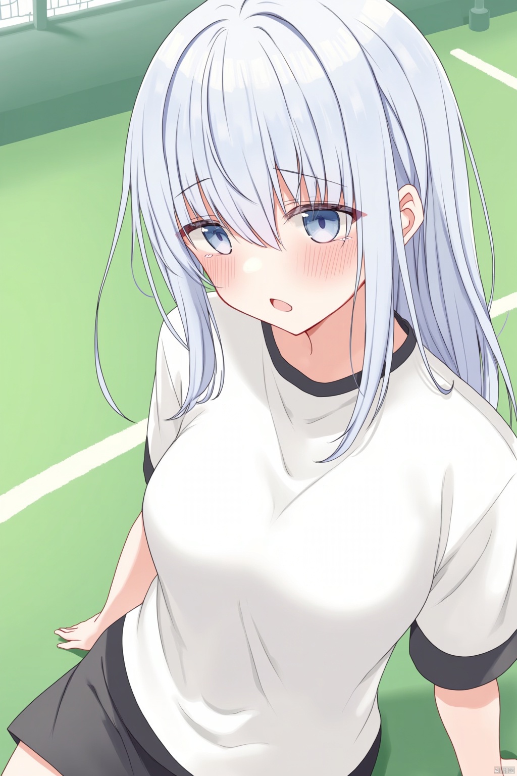 sports ground,1girl,solo,blue eyes,white hair,long hair,hair between eyes,medium breasts,white shirt,sports_uniform,shorts,sweat,light blush,looking away,pov,close-up,dutch angle,masterpiece,bestquality,onnk,