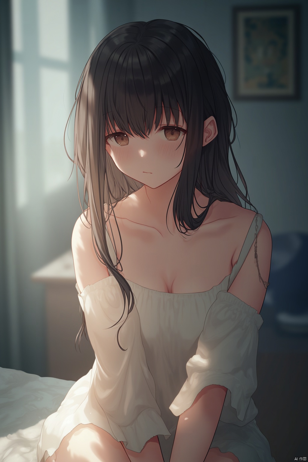 XS,masterpiece:1.2),best quality,high resolution,unity 8k wallpaper,(illustration:1),perfect lighting,extremely detailed CG,finely detail,extremely detailed,soft lighting and shadow,soft yet striking lighting,film grain:1.2,(skin pores:1.2),(detailed skin texture:1),((solo:1.5)),Detailed face,(see-through:1.1),misty,Low Key:1.1,depth of field,A young woman in a white dress,sitting on her bed with contemplative expression.,