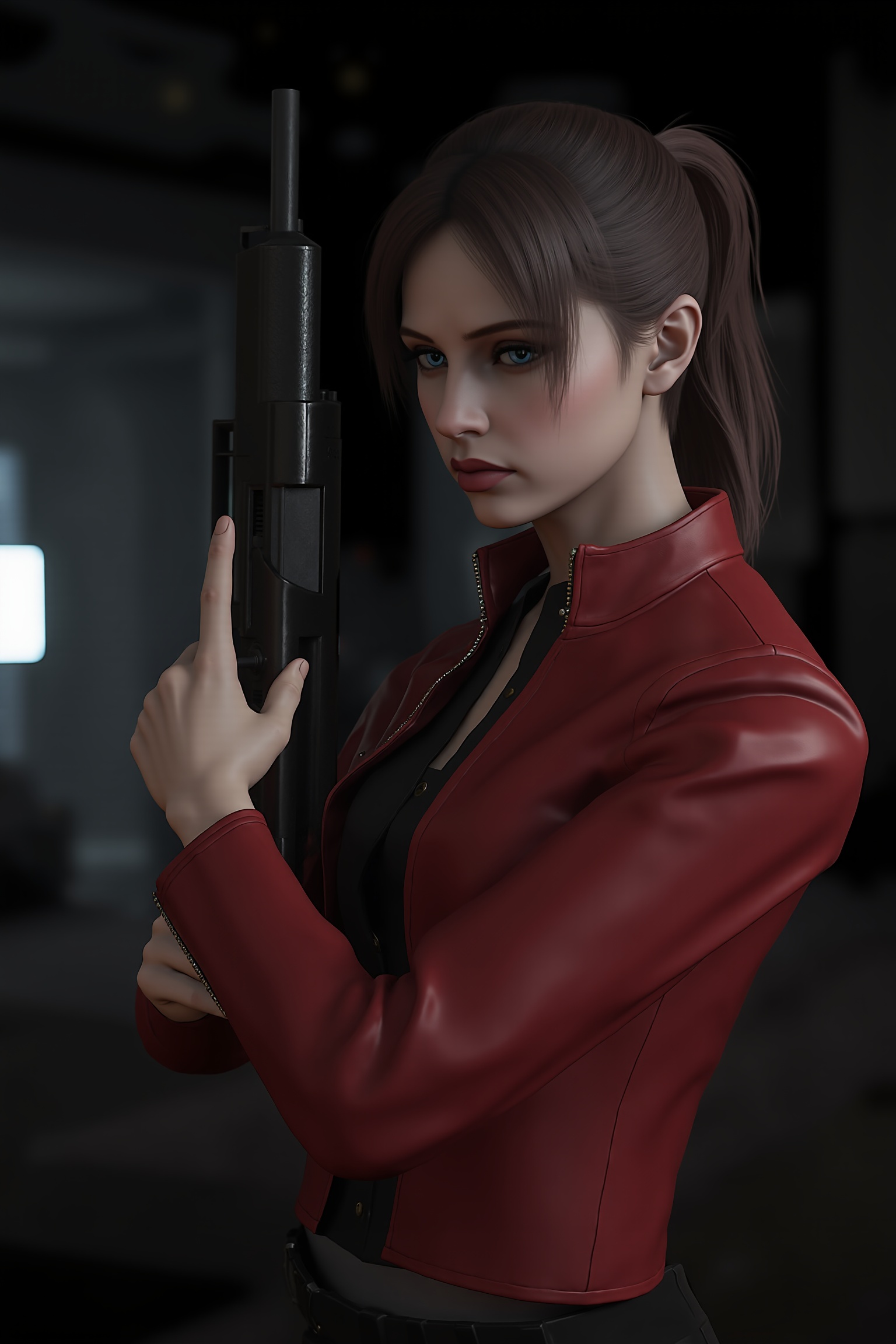 a close-up shot of the woman named Claire Redfield. dressed in a red leather jacket holding a black gun in her right hand....