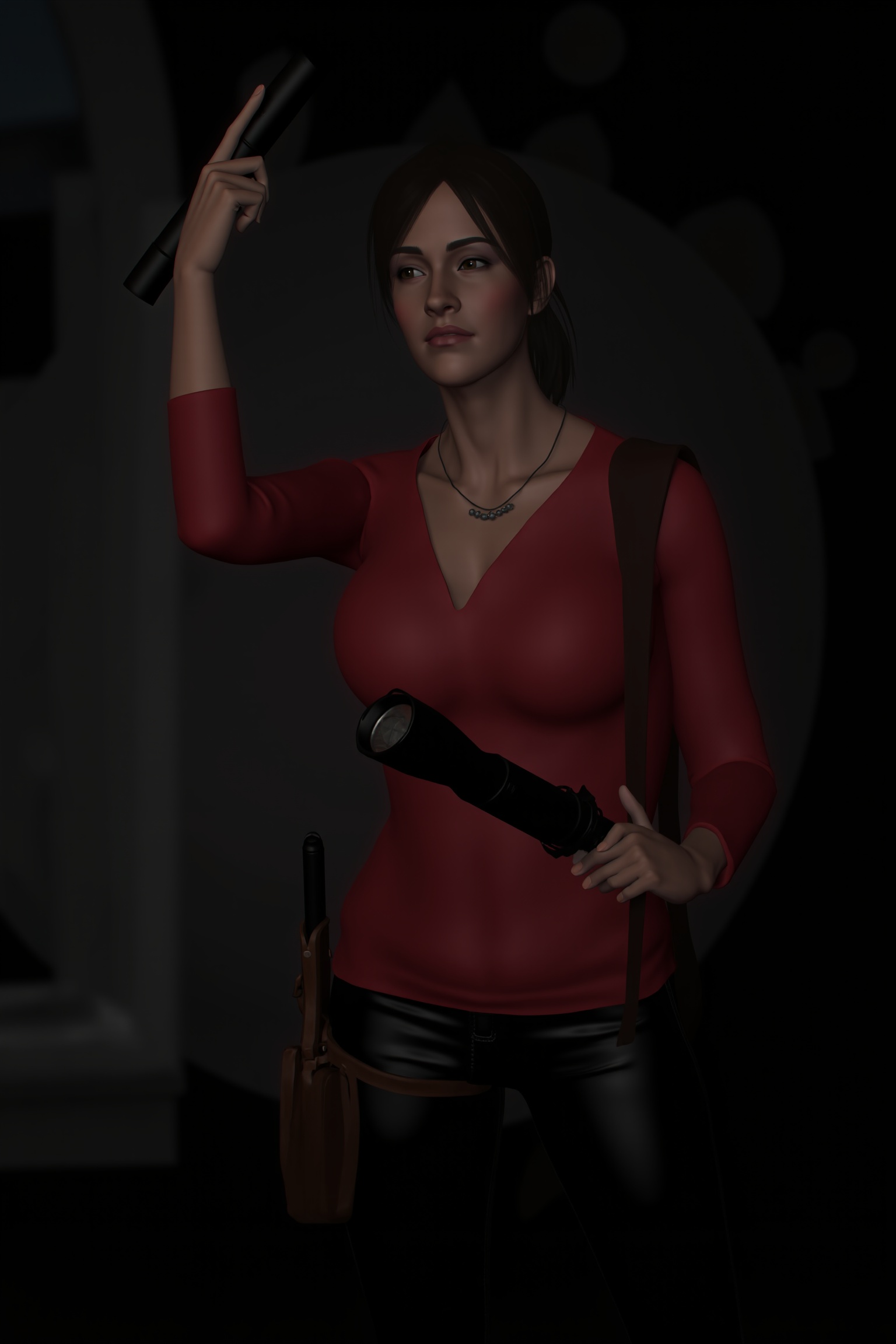 A 3D rendering of the woman named Claire Redfield in a red shirt and black pants is seen holding a gun in her right hand....