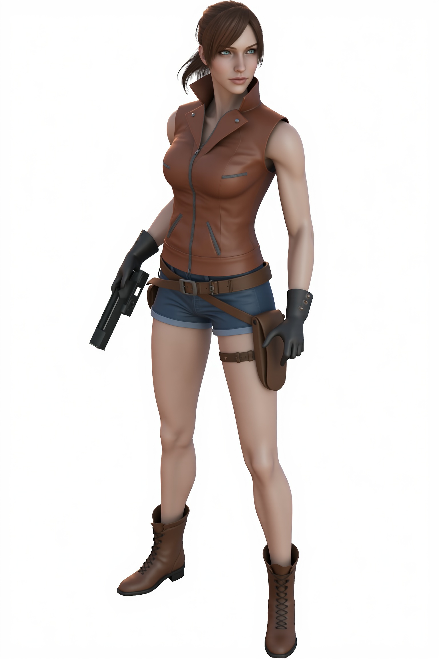 a 3D rendering of a female warrior named Claire Redfield is depicted in a stark white backdrop. She is dressed in a brown...