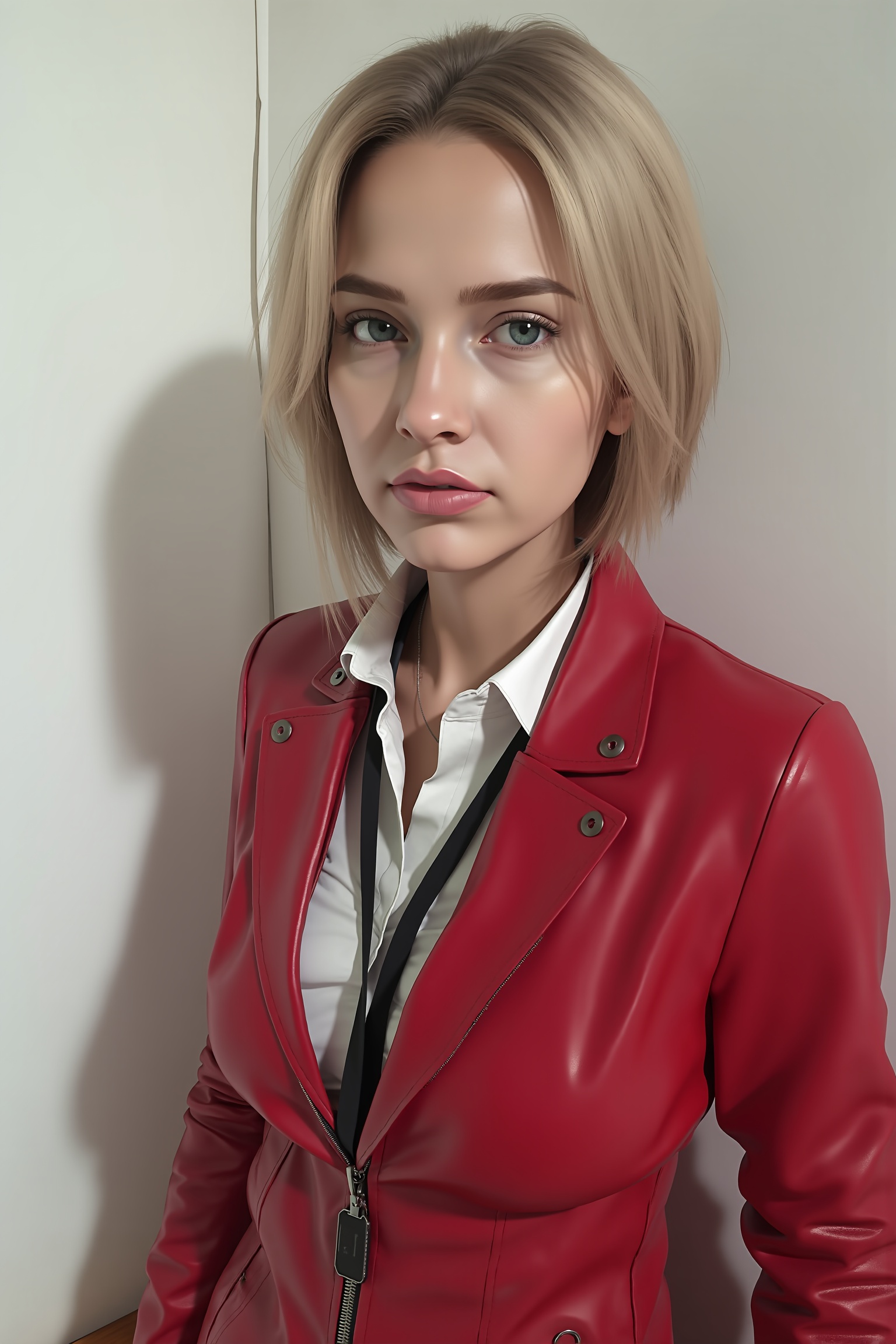 A woman named Claire Redfield. a medium-sized blonde woman stands with her left shoulder to the viewer. She is wearing a r...