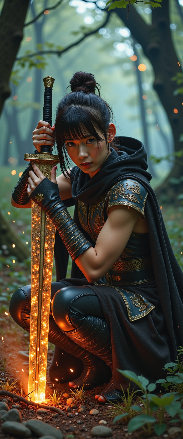A fierce sexy japanese female warrior crouched low,  gripping a long,  ornate sword with both hands on Tensor.Art