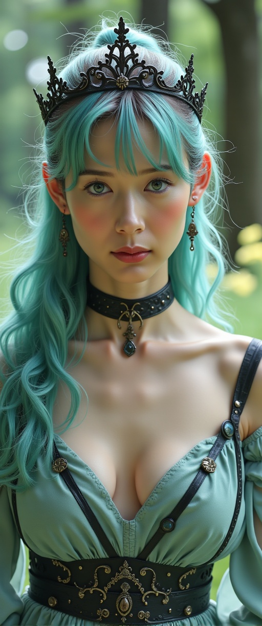 A majestic medieval maiden presides in regal ,  her crown-topped coiffure shimmering like seafoam in the soft light. Her e...