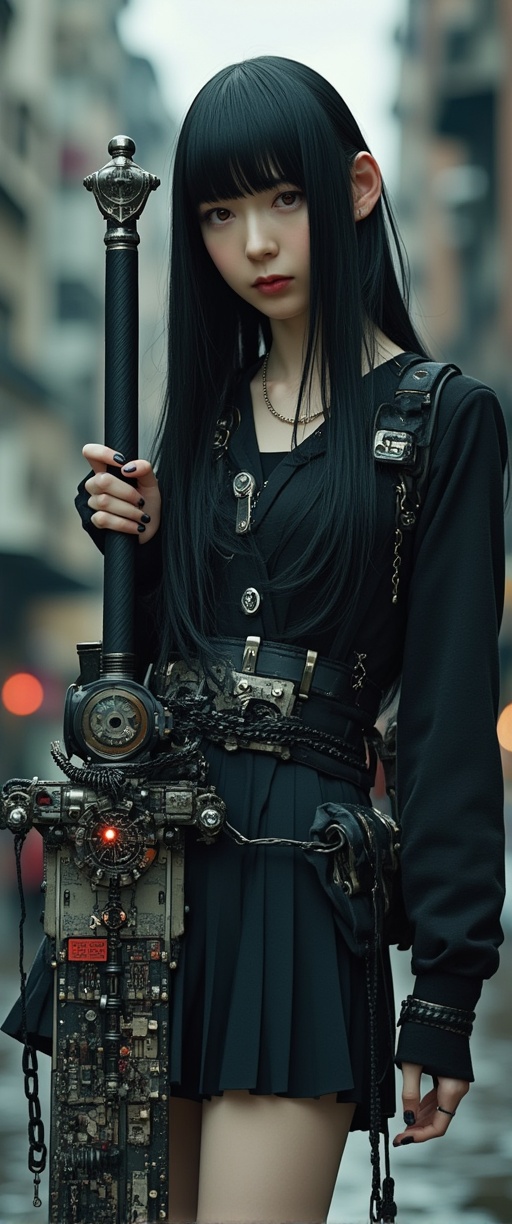 A masterpiece photograph shot on Canon EOS R6,  showcasing a stunning young woman with long,  black hair and striking red...