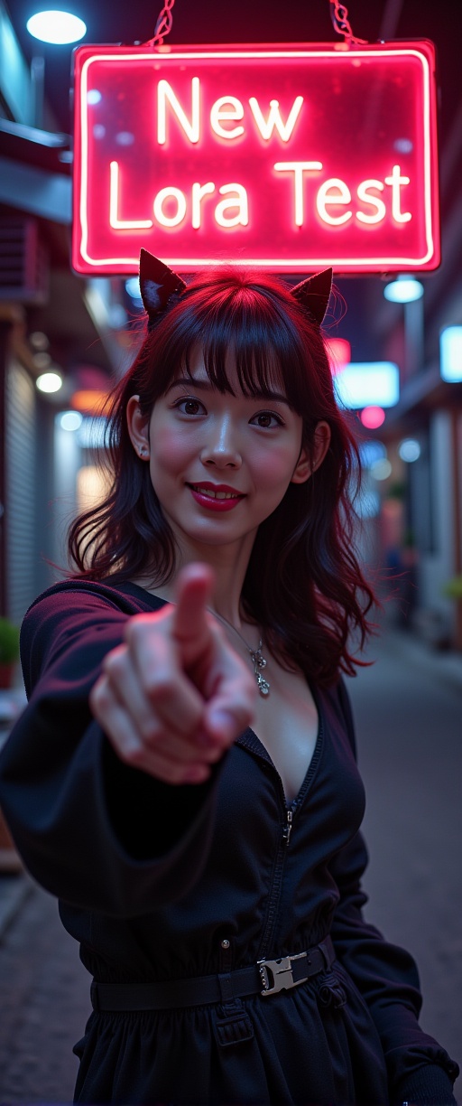 A very beautiful woman is pointing at the viewer and smiling,  pointing at a large neon sign that says "New Lora Test". Th...