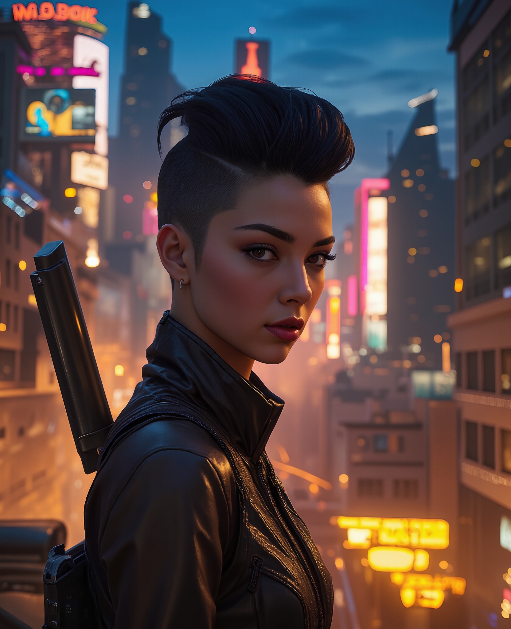 A close-up shot of a strong-willed 'mujer' protagonist in a 3D real-time cartoon-style video game. She's standing confiden...