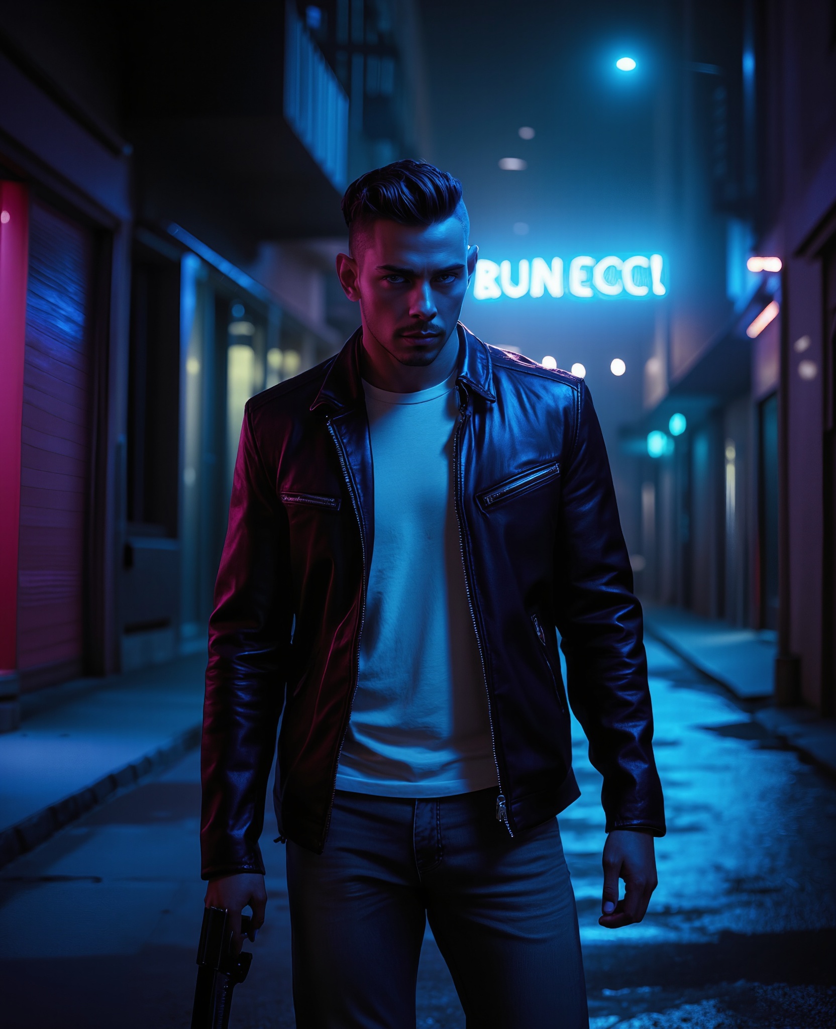 A gritty urban scene: a man stands alone on a dimly lit city street,  reminiscent of Grand Theft Auto 6/5. He's dressed in...