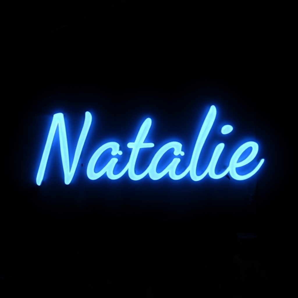 black background,  neon blue text "Natalie" on Tensor.Art