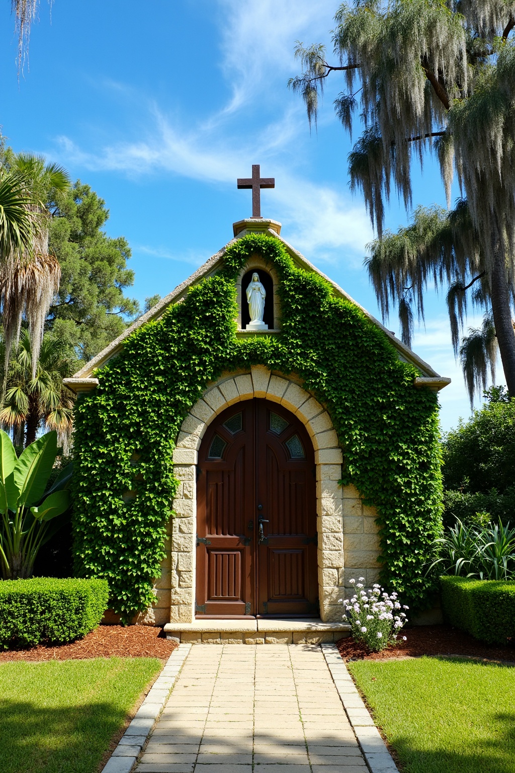This is a picturesque,  sunlit photograph of a charming,  ivy-covered chapel or small church nestled in a lush on Tensor.Art