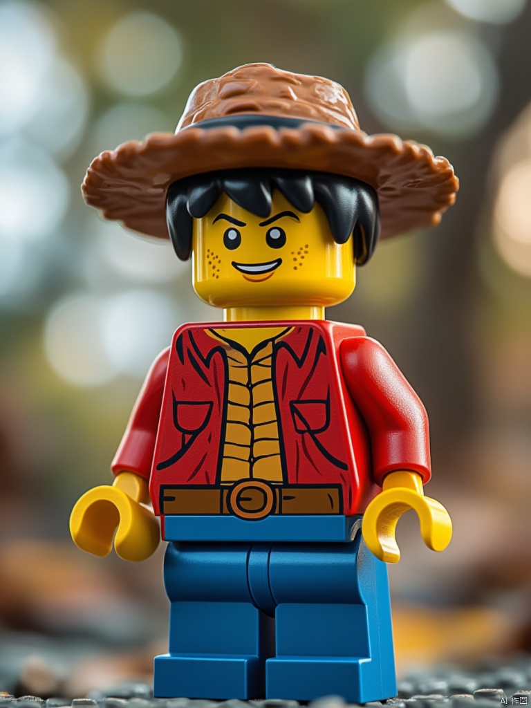 OBlegao,A close-up shot of a lego boy with a brown cowboy hat on his head. He is wearing a red jacket
blue pants
and a brown belt. The background is blurred
but it is out of focus. The boy's eyes are wide open
and he has a smile on his face. His hair is black
and his eyebrows are black. He has yellow dots on his forehead. His hands are yellow and his legs are blue.