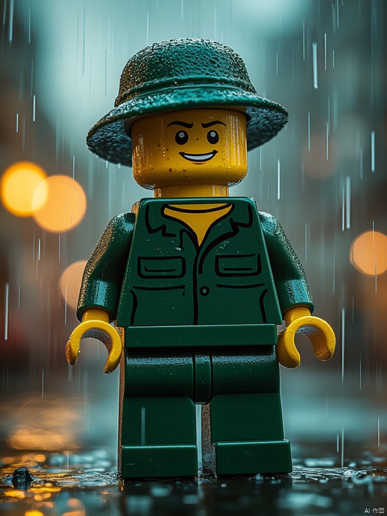 OBlegao,A close-up shot of a lego man standing in the rain. He is wearing a green shirt with a yellow collar and a black hat on his head. His hands are yellow in color. His eyes are black and he has a smile on his face. His mouth is slightly open and his eyes are squinted. The background is blurry
but there are lights on the left side of the image.