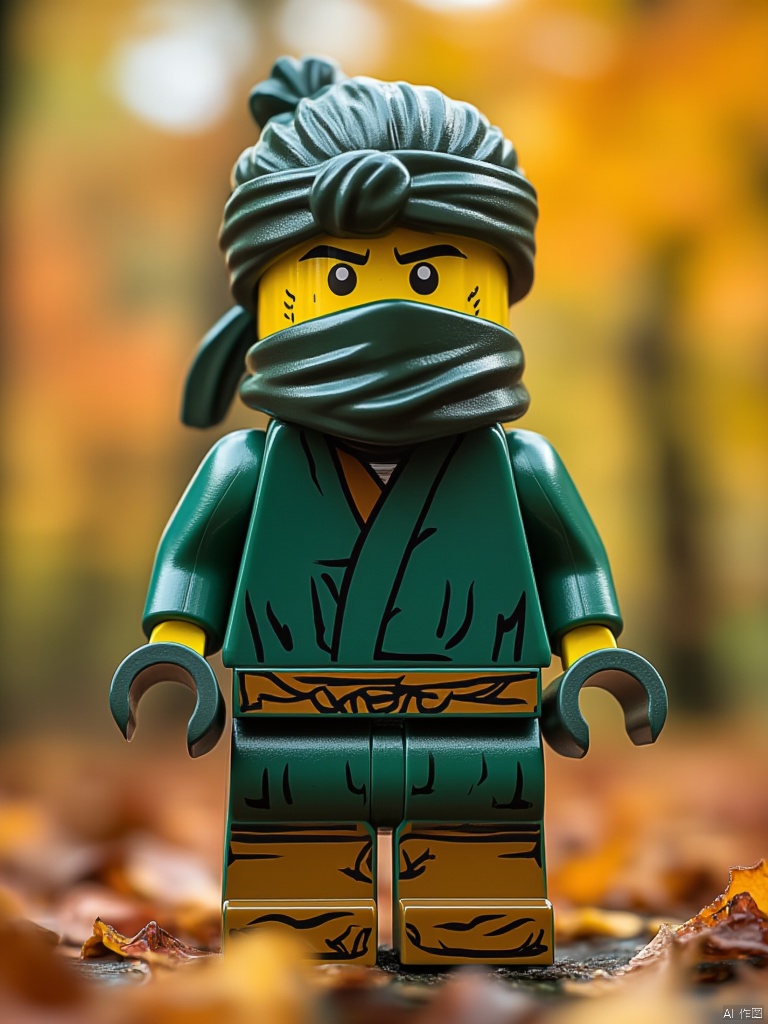 OBlegao,A close-up shot of a lego miniatures set against a blurred backdrop of autumn leaves. The lego is a vibrant green color

with a black scarf wrapped around its neck and a black headband tied around its head. The headband is adorned with a yellow face

and the eyes are a piercing yellow. The legs of the lego are outlined in black

with black designs on them. The background is a mix of orange and green leaves

adding a pop of color to the scene.