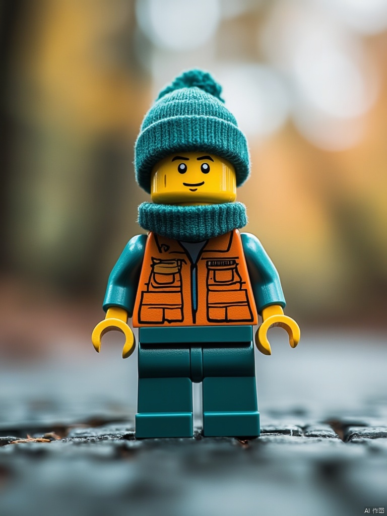 OBlegao,A close-up shot of a lego miniatures toy is positioned on a gray surface. The toy is wearing a teal beanie
a green scarf
and an orange jacket with a black design on the front. The background of the toy is blurred
but it is out of focus.