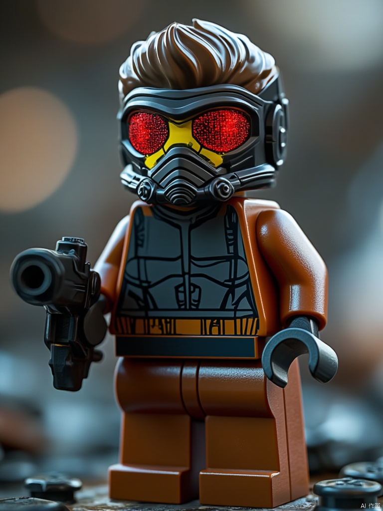 OBlegao,A close-up shot of a Lego Star Wars figure. The figure is facing the left side of the frame. Its head is adorned with a helmet and goggles. The helmet is black with a yellow face. The eyes are tinted red. The head is covered with a black mask. The legs of the figure are made up of brown Lego bricks. A black gun is positioned in the left corner of the image. The background is blurred out.