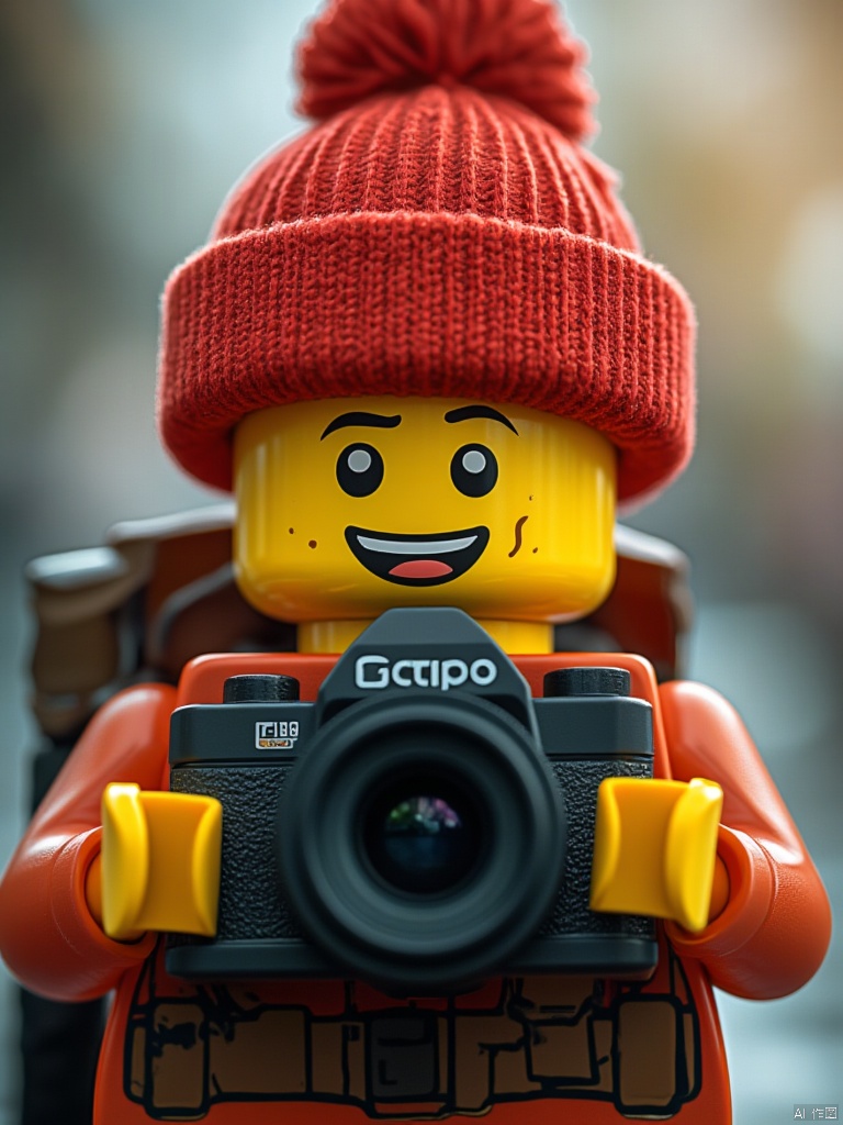 OBlegao,A close-up shot of a man holding a black camera. The man is wearing a red knit hat with a red pom-pom on the top of it. He has a yellow face with black eyes and a black smile. His hands are yellow and he is holding the camera with his right hand. The camera has a black lens. The background is blurred

but it is out of focus.