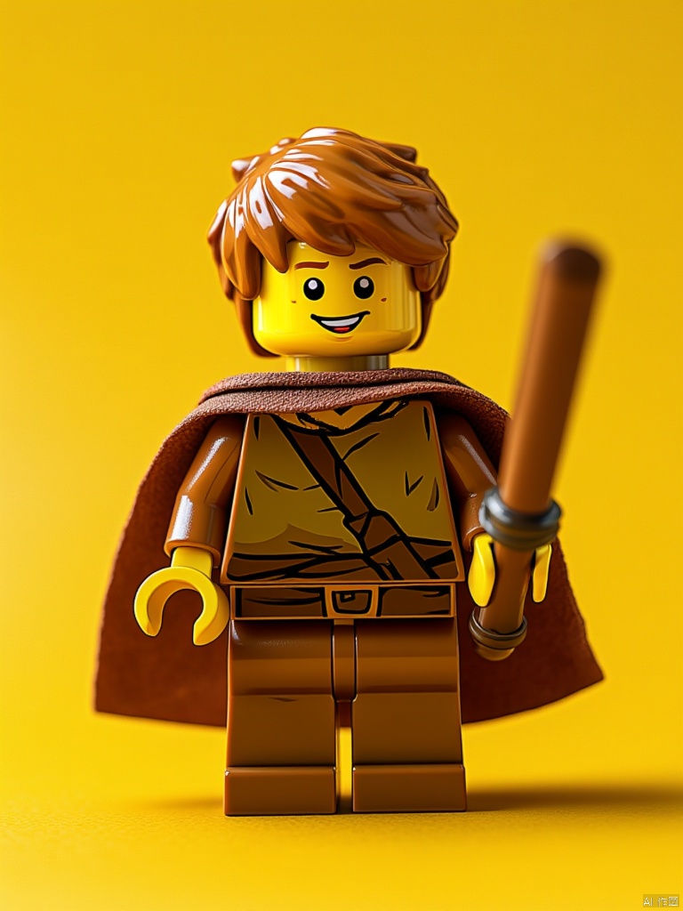 OBlegao,a Lego Lego boy stands against a vibrant yellow backdrop. The Lego boy is dressed in a brown outfit
adorned with a black belt and a brown scarf. His head is adorned with brown hair
his eyes are black
his mouth is slightly open
and he has a smile on his face. His left arm is raised
while his right arm is bent at the elbow. He is holding a brown sword in his right hand
adding a pop of color to the scene.