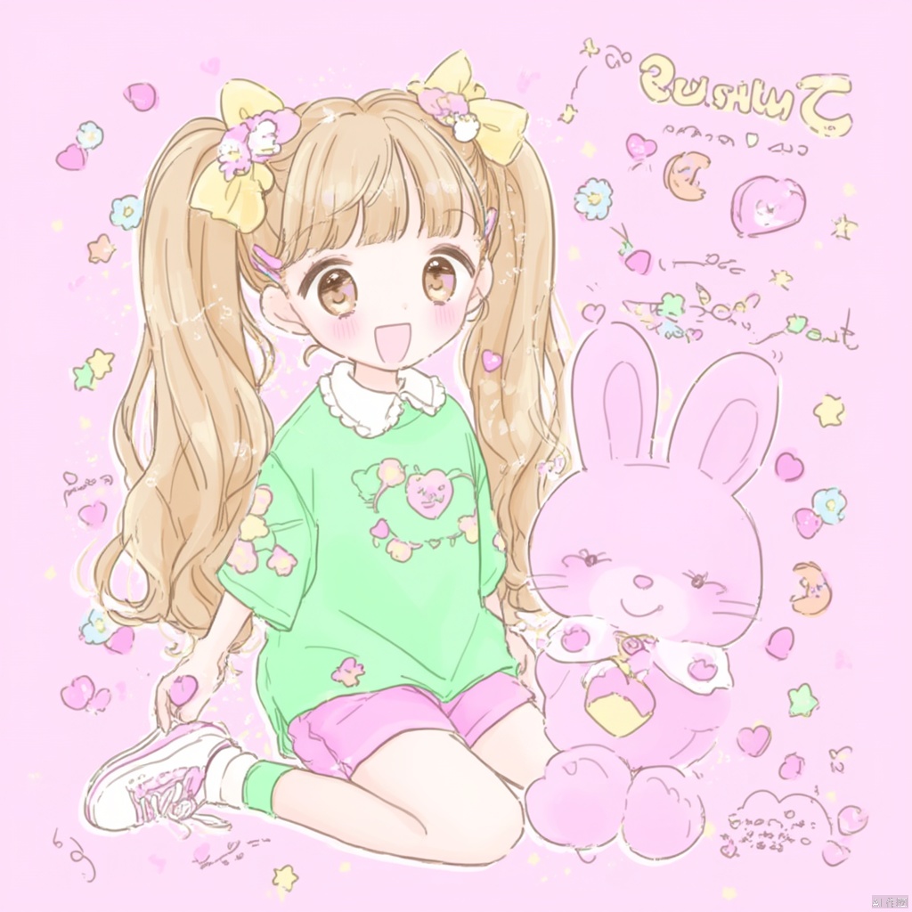Anime-inspired illustration girl with long blonde hair and bow in pigtails wearing a green dress with a white collar holding a pink heart-shaped toy standing beside a pink bunny character with a smiley face surrounded by pink background with scattered hearts and flowers giving a playful and whimsical touch., green shirt, shirt, twintails, bow, heart, smile, yellow bow, open mouth, hair bow, long hair, blush, shoes, hair ornament, sitting, pink shorts, shorts, brown eyes, short sleeves, ahoge, pink background, sneakers, brown hair, hairclip, socks, wariza, poking