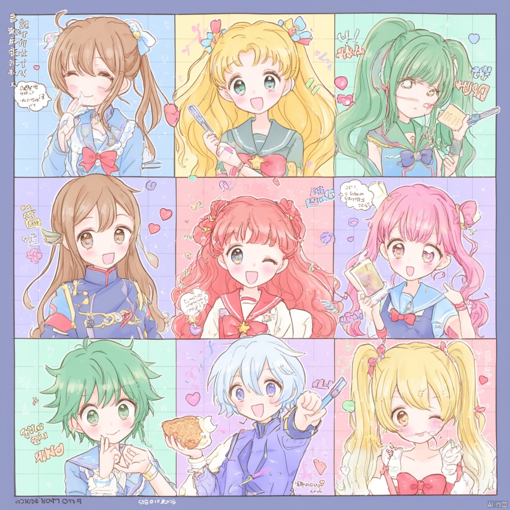 Anime-inspired illustration nine panels nine characters in a row each with a different hairstyle and outfit three of them have long blonde hair one with pink hair and a blue outfit one has green hair another with pink and blue hair and one with green hair and pink outfit all of them smiling and giving a playful expression., multiple girls, twintails, school uniform, brown hair, 6+girls, blonde hair, smile, multiple drawing challenge, one eye closed, ahoge, heart, green eyes, hair bun, open mouth, multiple boys, bow, blue eyes, long hair, serafuku, food, double bun, green hair, short hair, pink hair, brown eyes, sailor collar, tsukino usagi, blue sailor collar, crossover, jewelry, hair bow, blush, v
