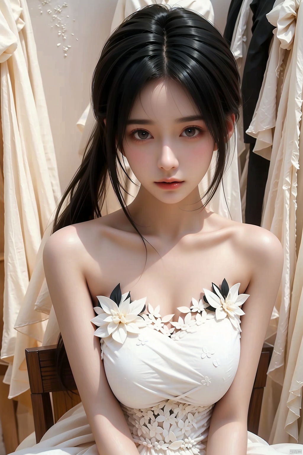 1girl solo breasts looking at viewer short hair black hair dress bare shoulders sitting closed mouth collarbone indoors white dress black eyes lips strapless strapless dress wedding dress realistic