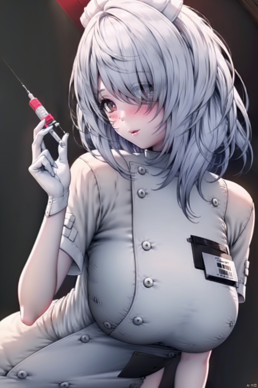1girl solo breasts looking at viewer bangs large breasts red eyes gloves hat dress holding ahoge white hair short sleeves...