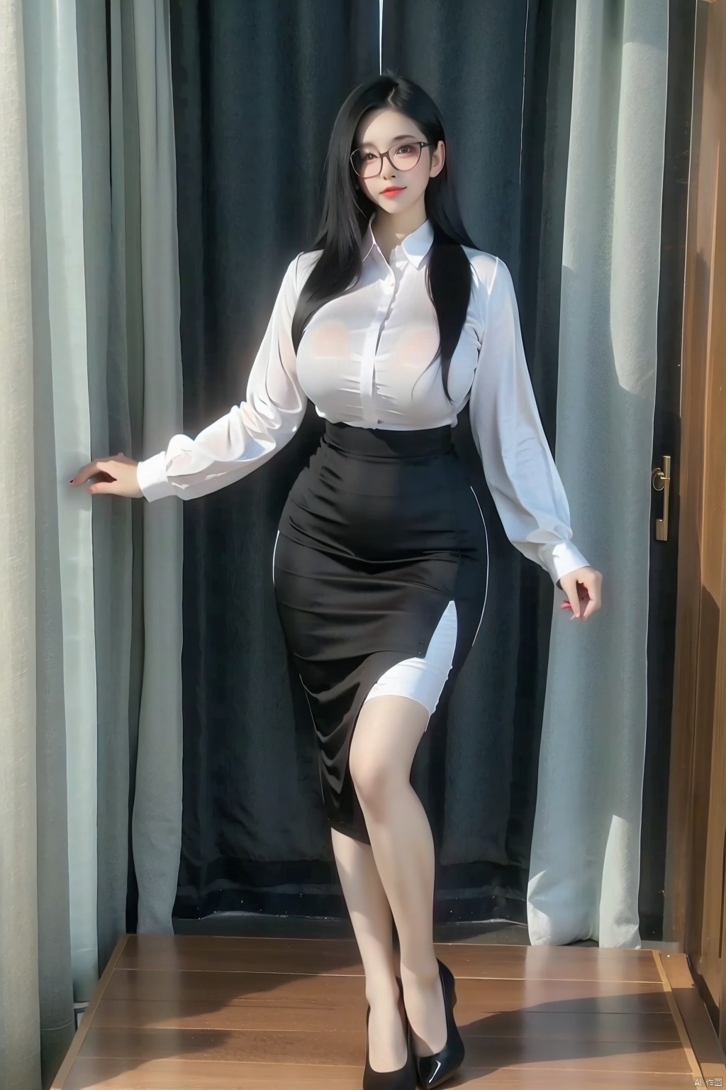 1girl solo long hair looking at viewer skirt shirt black hair long sleeves standing full body white shirt glasses indoors black skirt high heels window table curtains desk pencil skirt realistic