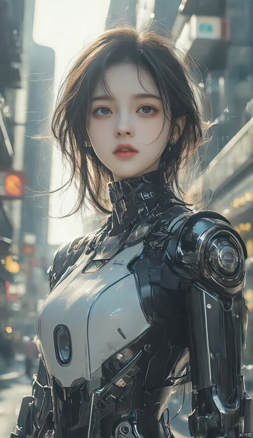  1girl,upper body,standing,looking at viewer,mechanical,mechanical city,human face,upperbody,out doors