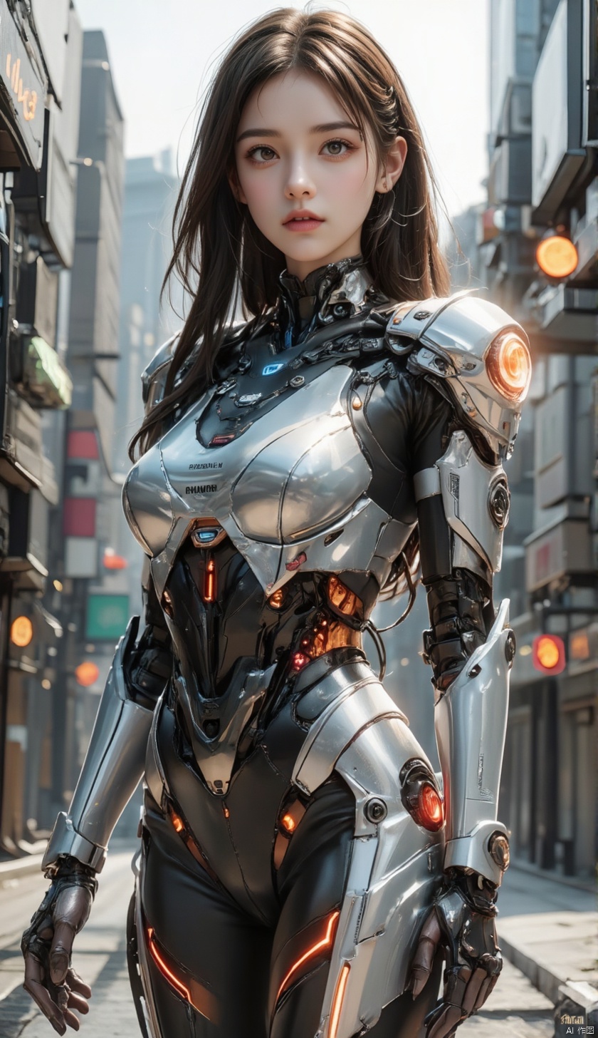  1girl,upper body,standing,looking at viewer,mechanical,mechanical city,human face,upperbody,out doors,cyberbunk