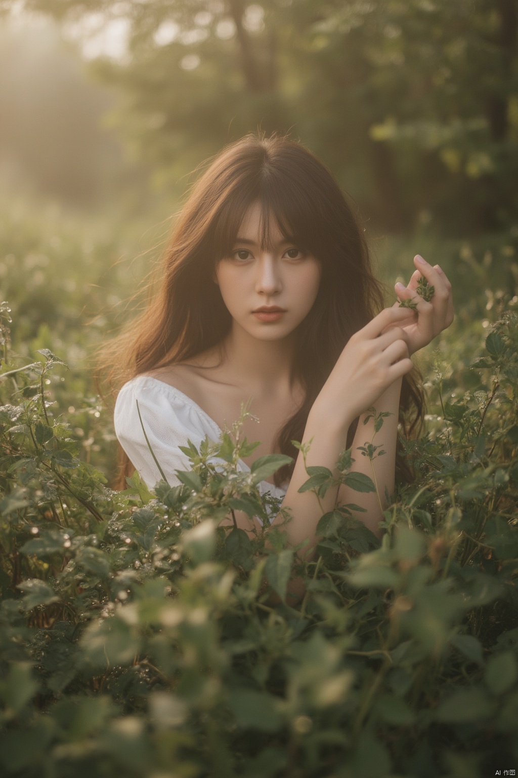 Misty morning landscape: a serene woman amidst dew-kissed grass, arms extended to gently caress the crystalline droplets. Soft focus on her contemplative face, surrounded by the lush greenery and wispy fog. Natural lighting casts a warm, ethereal glow, emphasizing the moment's intimacy with nature.