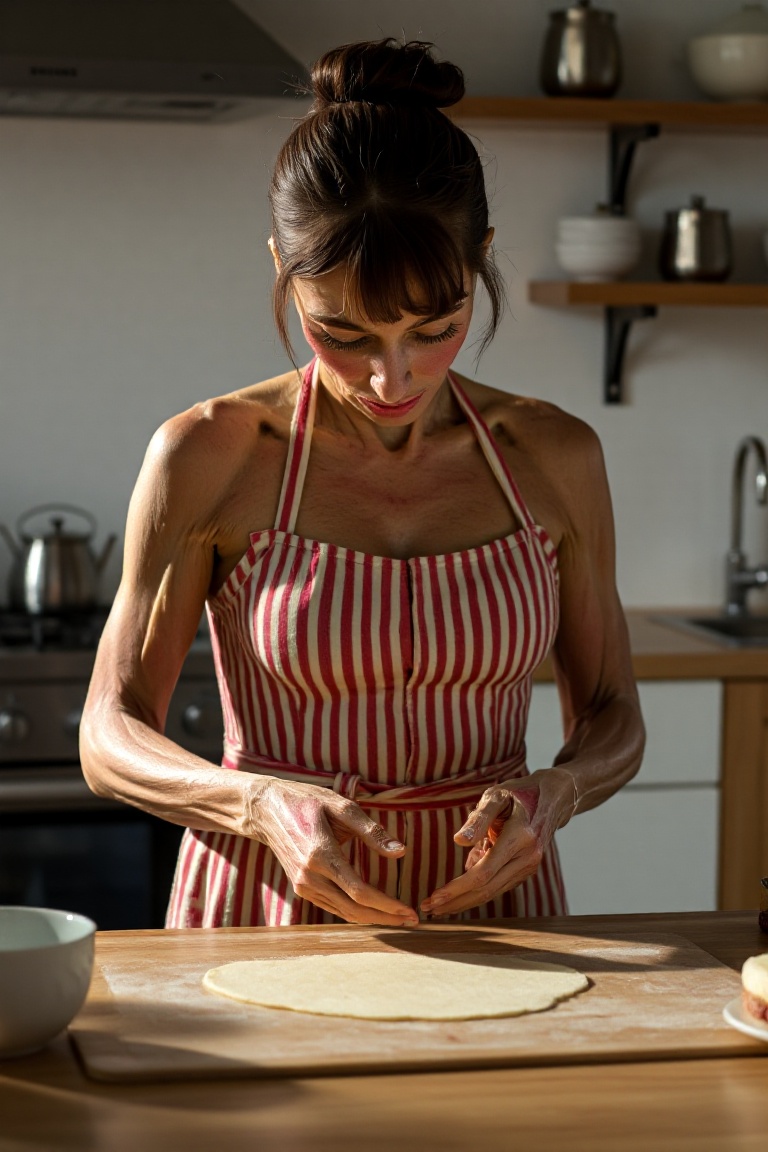 A plastinate as a housewife baking in the kitchen. lighting is cool and diffuse. on Tensor.Art