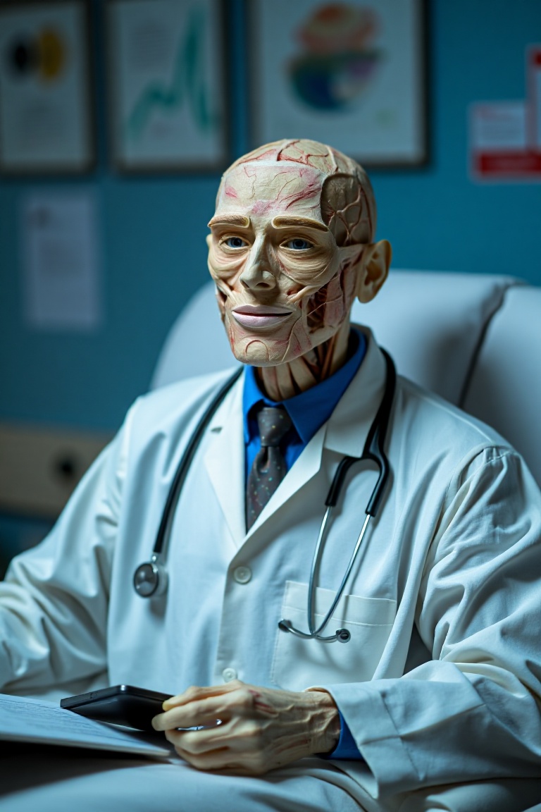 photograph of a plastinate as a doctor enjoying his stay at the hospital. lighting is cool and diffuse. on Tensor.Art