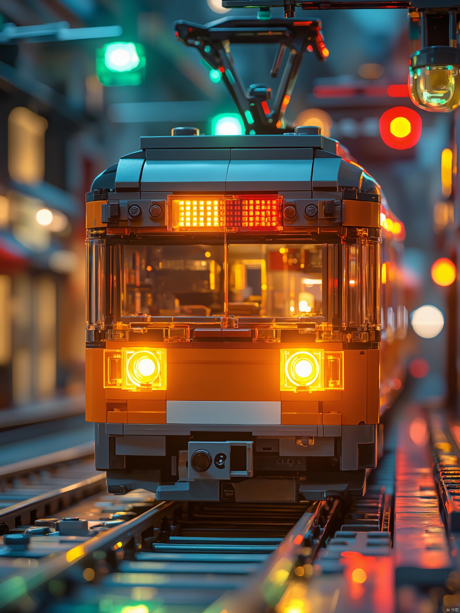 OBlgcj,lego,
a lego train is seen on a set of train tracks. The train is a vibrant orange color
with a gray roof and a white stripe down the middle. The front of the train is illuminated with a bright orange light
and there is a red LED display in the middle of the front. To the left
a green light is visible
and to the right
a row of red and yellow lights are visible. The background is blurred
but the lights are blurred