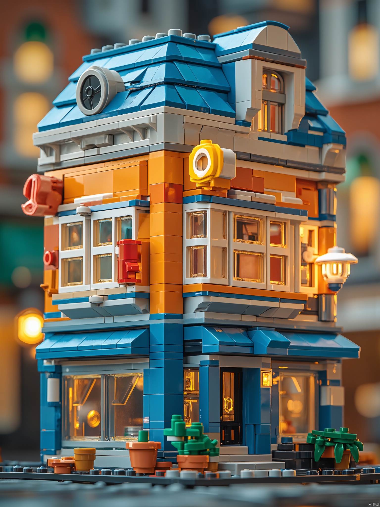 OBlgcj,lego,
A close-up view of a lego building made up of legos. The building is a two story building with a blue roof. The front of the building has a blue awning with white trim. The windows are tinted white. The roof is a light blue color. There are white circular lights at the top of the roof.