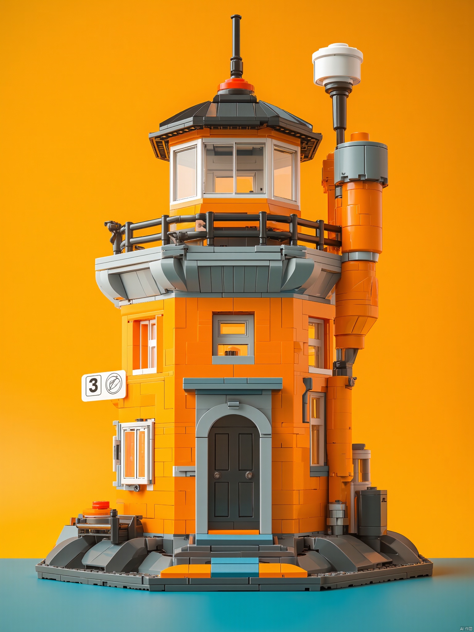 OBlgcj,lego,
a lego lighthouse is seen against a vibrant orange backdrop. The lighthouse is made up of lego blocks
with a black roof
gray trim
and a black door at the bottom of the lighthouse. The door is a dark gray color
and there are two windows on either side of the door. A small white sign is affixed to the left of the building
with the number 3D written on it in black letters.