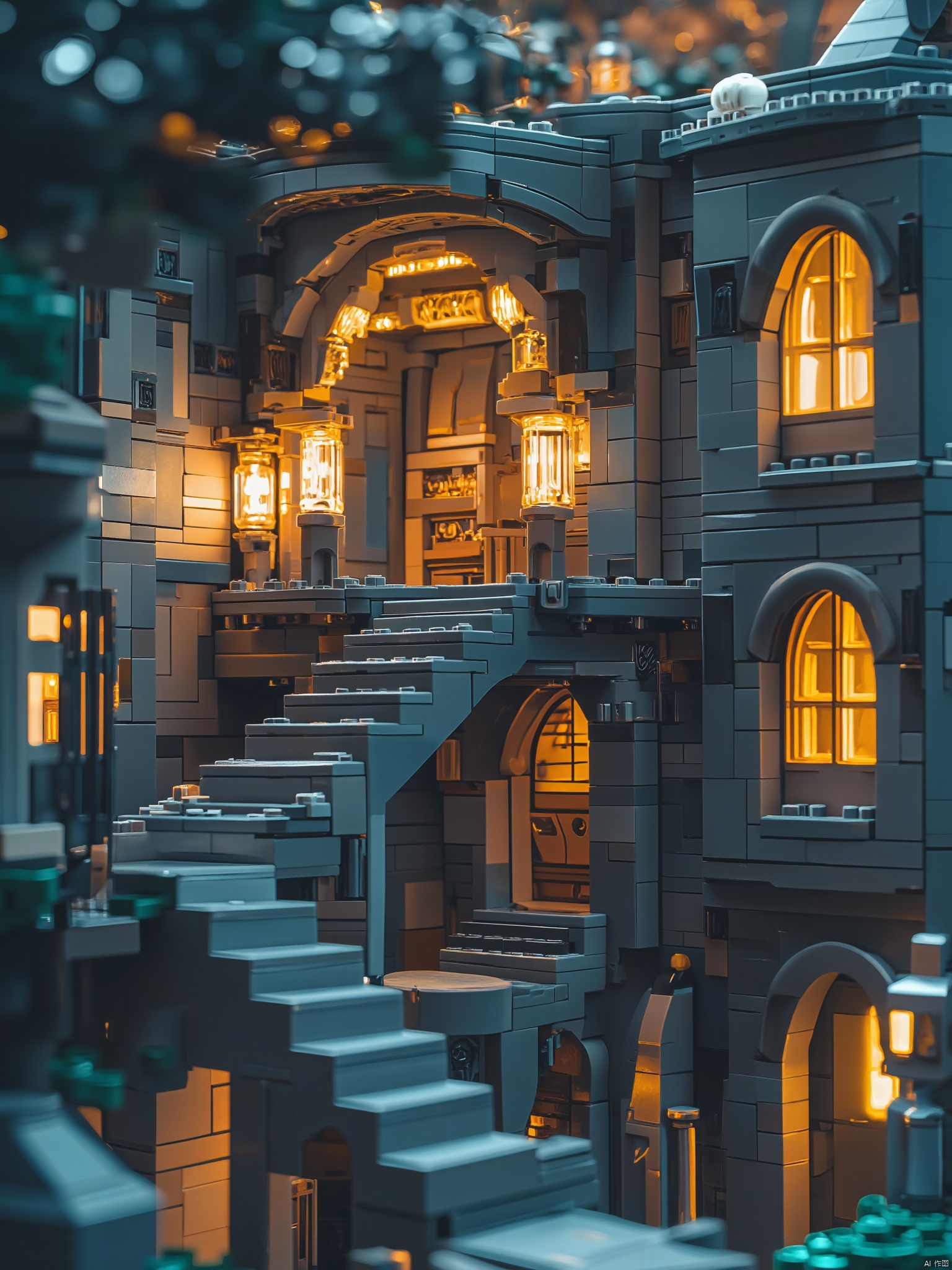 OBlgcj,lego,
a lego building is seen in a close-up shot. The building is made up of gray Lego bricks
with a staircase in the center of the frame. The staircase leads to the entrance of the building
which is adorned with arched windows. The windows are lit up
providing a warm glow to the scene. To the left of the staircase
a light shines
adding a pop of color to the otherwise monochromatic scene.