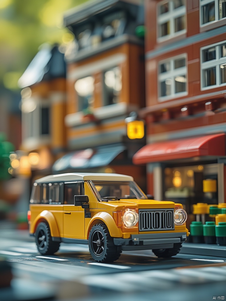 OBlgcj,lego,
A close-up view of a Lego model of a yellow jeep driving down a road. The jeep has a white roof and black wheels. The background of the jeep is a row of Lego buildings. The building on the right is a reddish-brown color and has a red awning over the windows. On the right side of the building there are green and yellow Lego blocks.