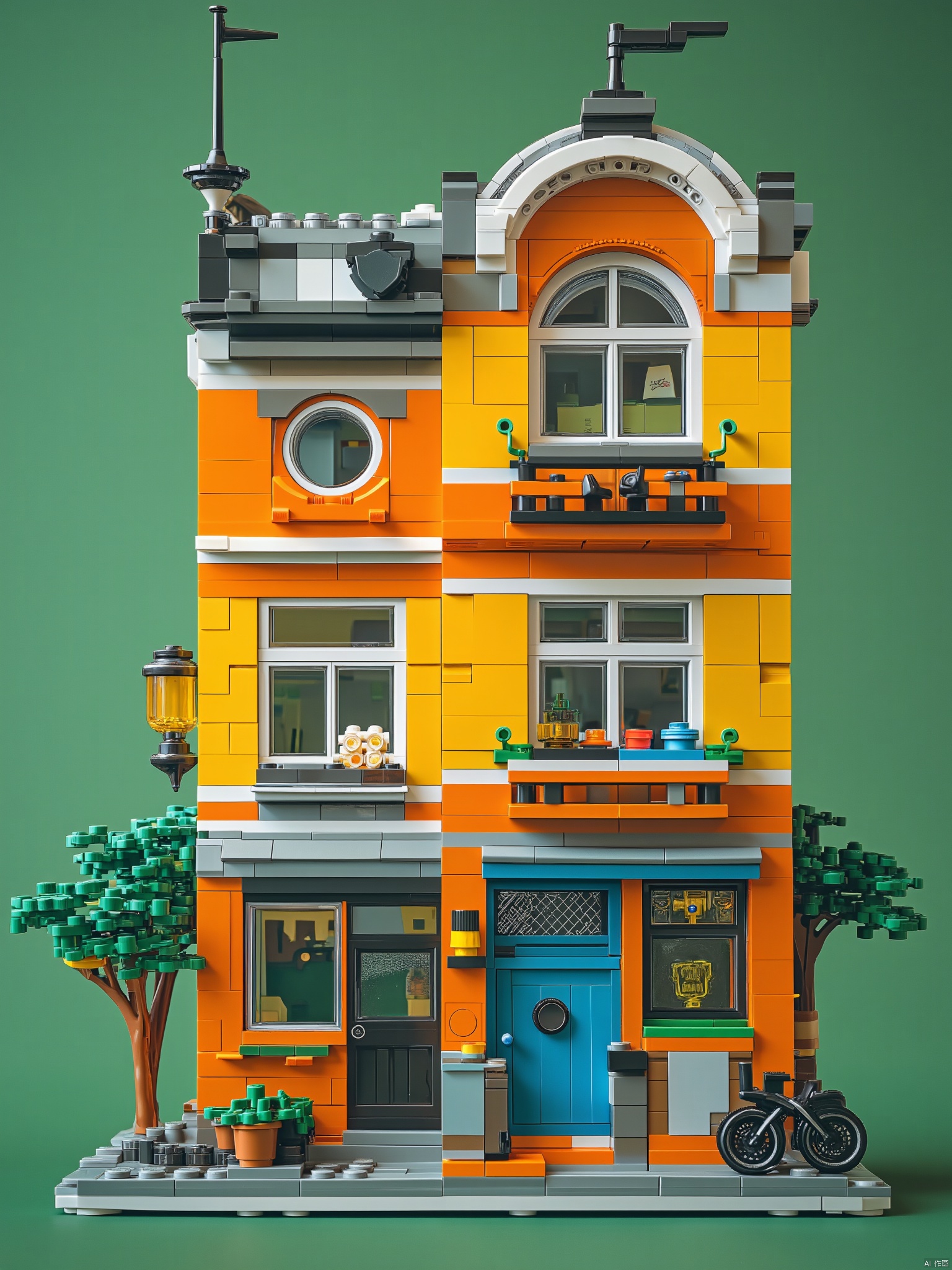 OBlgcj,lego,
a lego building is displayed against a vibrant green backdrop. The building is made up of lego bricks
a combination of orange and yellow
with a white roof and a blue door. The front of the building is adorned with a large window
a balcony
and a balcony on the second floor. The balcony has a circular window
and the balcony has green and yellow objects on it. A black bicycle is parked on the right side of the frame
adding a pop of color to the scene.