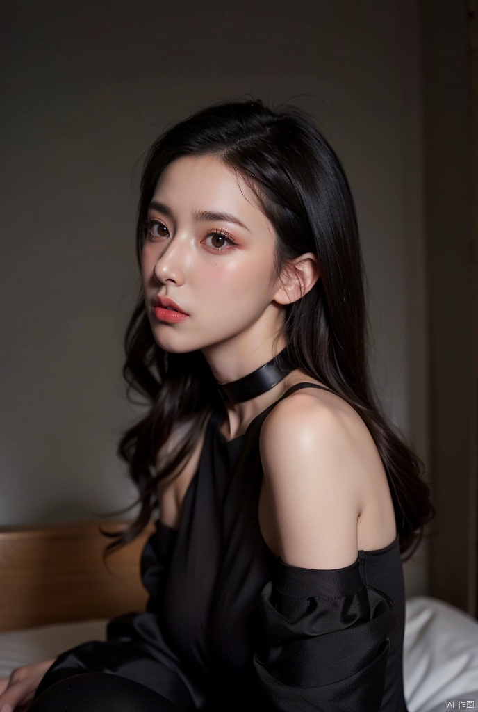 1girl,solo, black hair, choker, looking at viewer, realistic, shirt, black eyes,Human Body Art,cool expression,smokey eyeshadow,  long eyelash, 