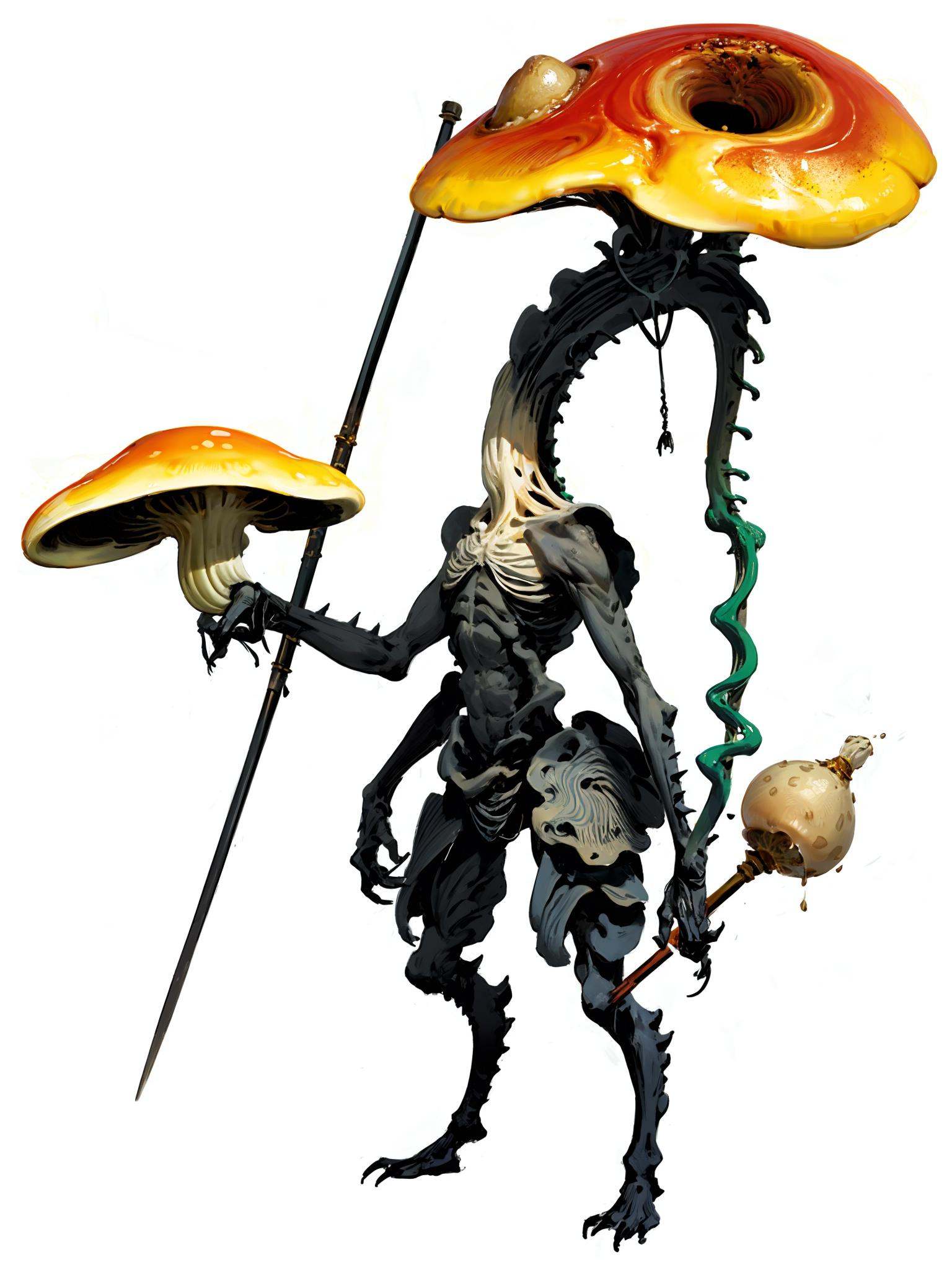 HEZI,game character,2D,Black Myth Goku character,dark style,weapon,white background,solo,simple background,monster,holding,holding weapon,standing,mushroom,full body,no humans,mace,1other,spikes,polearm,fingernails,<lora:黑悟空人物设计-000011:0.7>,