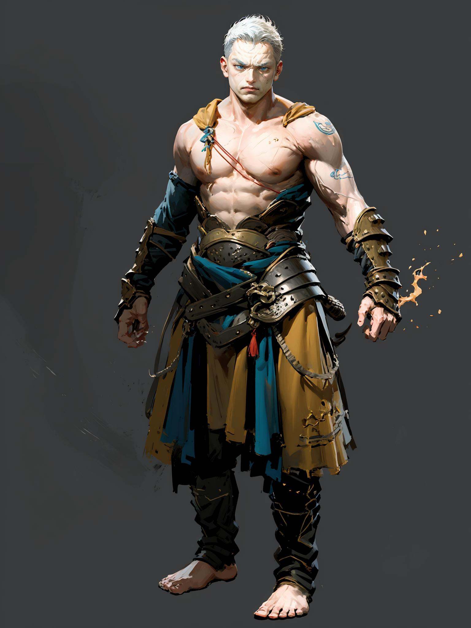 costume,HEZI,Chinese style,character design,game style,1boy,solo,male focus,pectorals,white background,blue eyes,bare pectorals,simple background,looking at viewer,full body,short hair,floating,gauntlets,abs,pants,armor,barefoot,topless male,no nipples,white hair,grey hair,muscular male,muscular,closed mouth,hair between eyes,frown,see-through,jewelry,glowing,<lora:黑悟空人物设计-000011:0.7>,